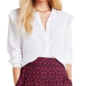 Cloth & Stone Anthropologie Shirt White Ruffle Sleeve  Classic Button Down 2X